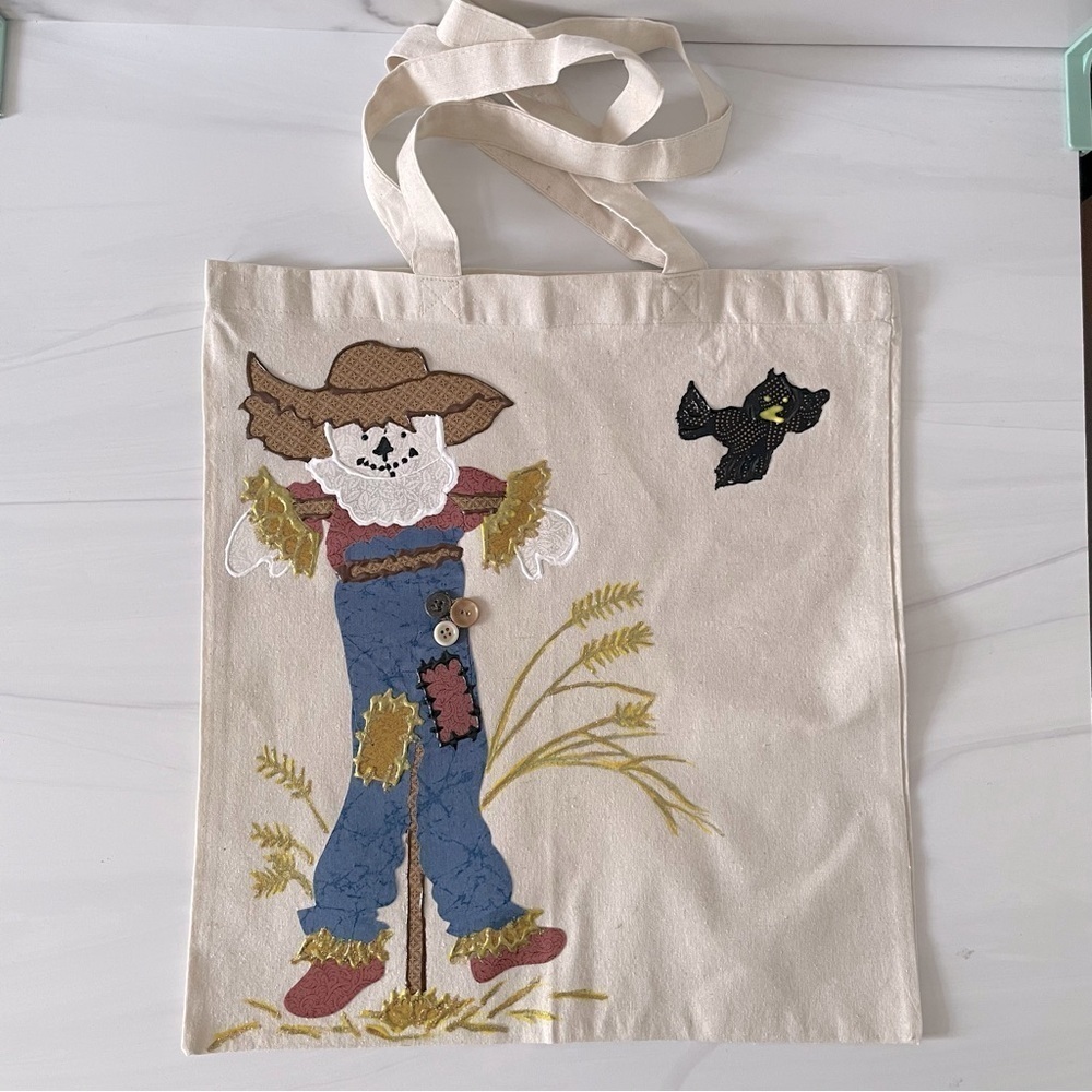 Handmade Vintage Halloween Scarecrow and Black Crow Tote Bag
